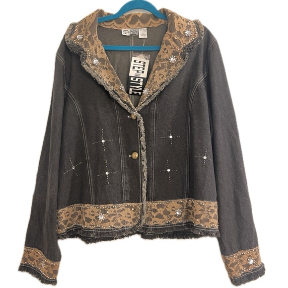 NWT! Vintage 90s Step In Style Black Denim, Lace, Rhinestone, Fringed Jacket 2XL - Picture 1 of 3